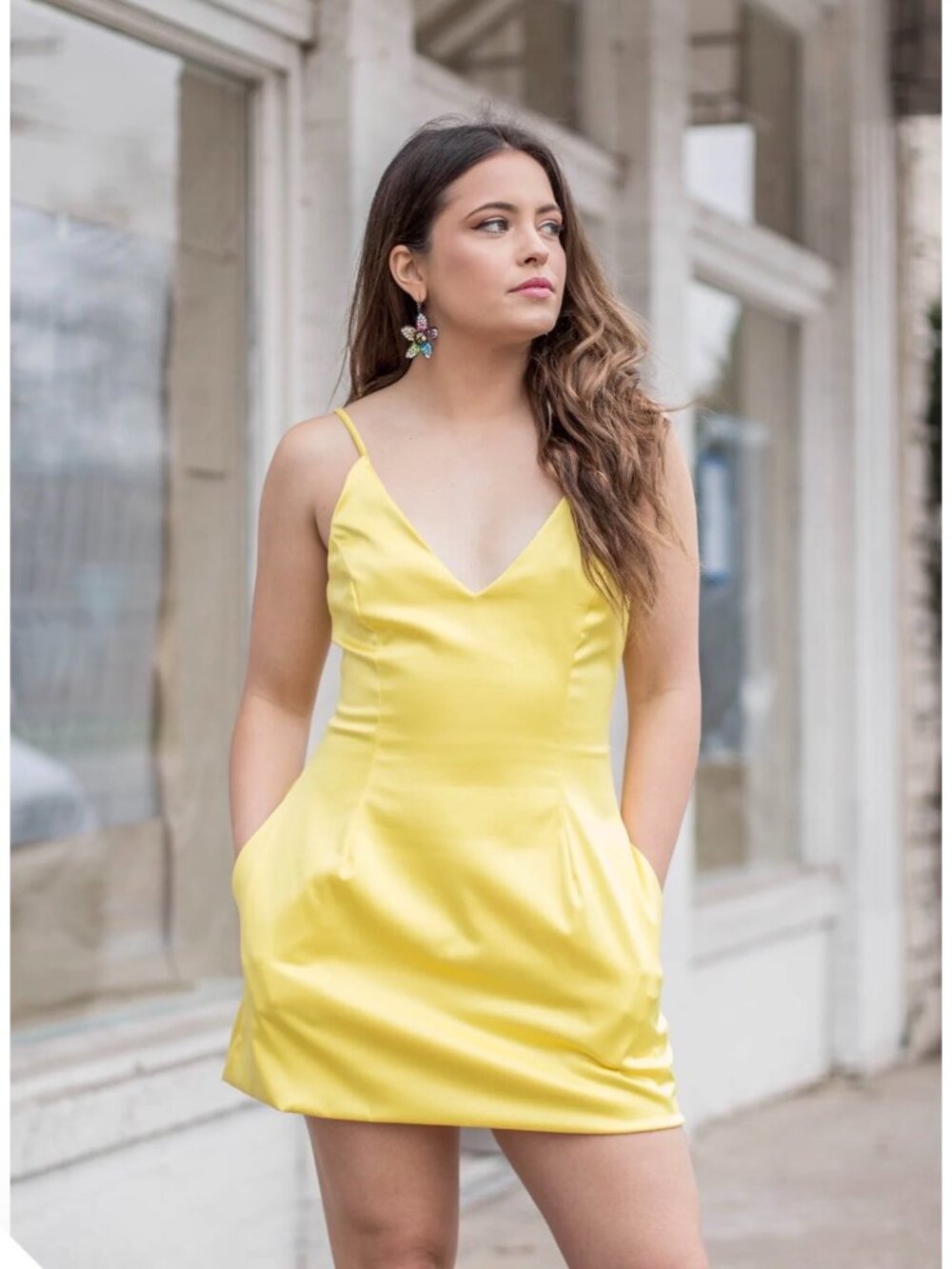 NWOT Lux LA Selena Satin Mini Dress With Pockets-Yellow